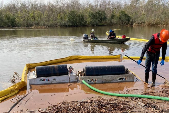 This undated photo provided by the Louisiana Department of Environmental Quality shows cleanup work at the site where more than 300,000 gallons of diesel spilled near New Orleans on Dec. 27, 2021.