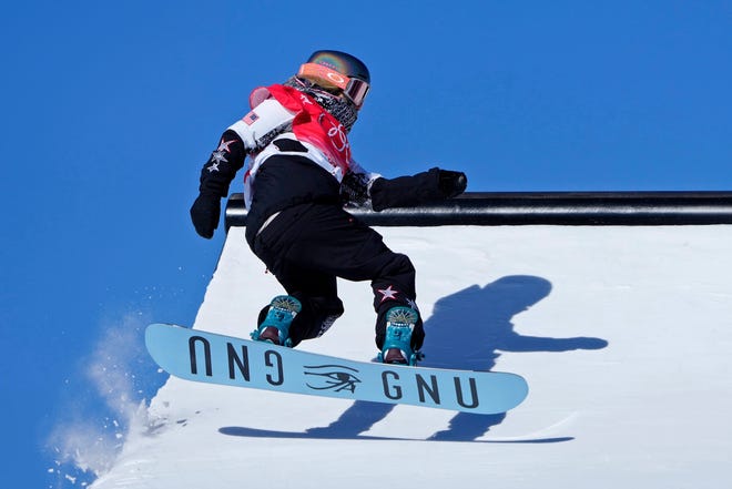 American Jamie Anderson competes in snowboarding slopestyle qualification during the 2022 Beijing Winter Olympic Games at Genting Snow Park.