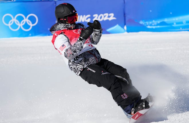 Julia Marino finishes her third run during the snowboard slopestyle final.