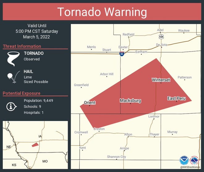 A tornado warning remains in effect for Winterset, Orient and East Peru through 5 p.m.