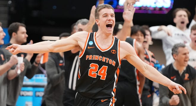 Princeton Tigers guard Blake Peters (24) reacts after scoring a basket against the Arizona Wildcats during the second half at Golden 1 Center.